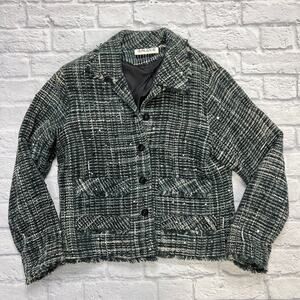 Vintage Anage Tweed Blazer Size L Black Gray Sequin Beaded Raw Hem